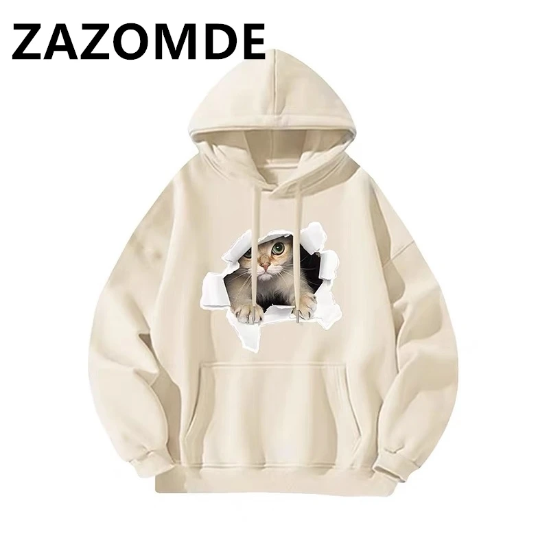 ZAZOMDE Winter Cat Print Hoodies Cotton Sweatshirt Men Hooded Harajuku Oversized Funny Tops Unisex Graphic Warm Pullover Hoody