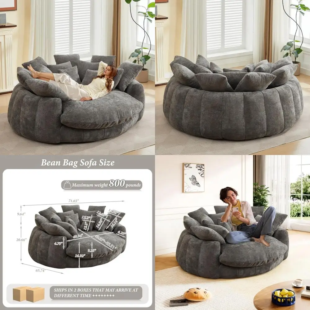 Oversized Cloud Sofa Bed, Modern Round Chaise Lounge Chair, Indoor Deep Seat Fluffy Chenille Bean Bag Couch, Comfortable U-Shape