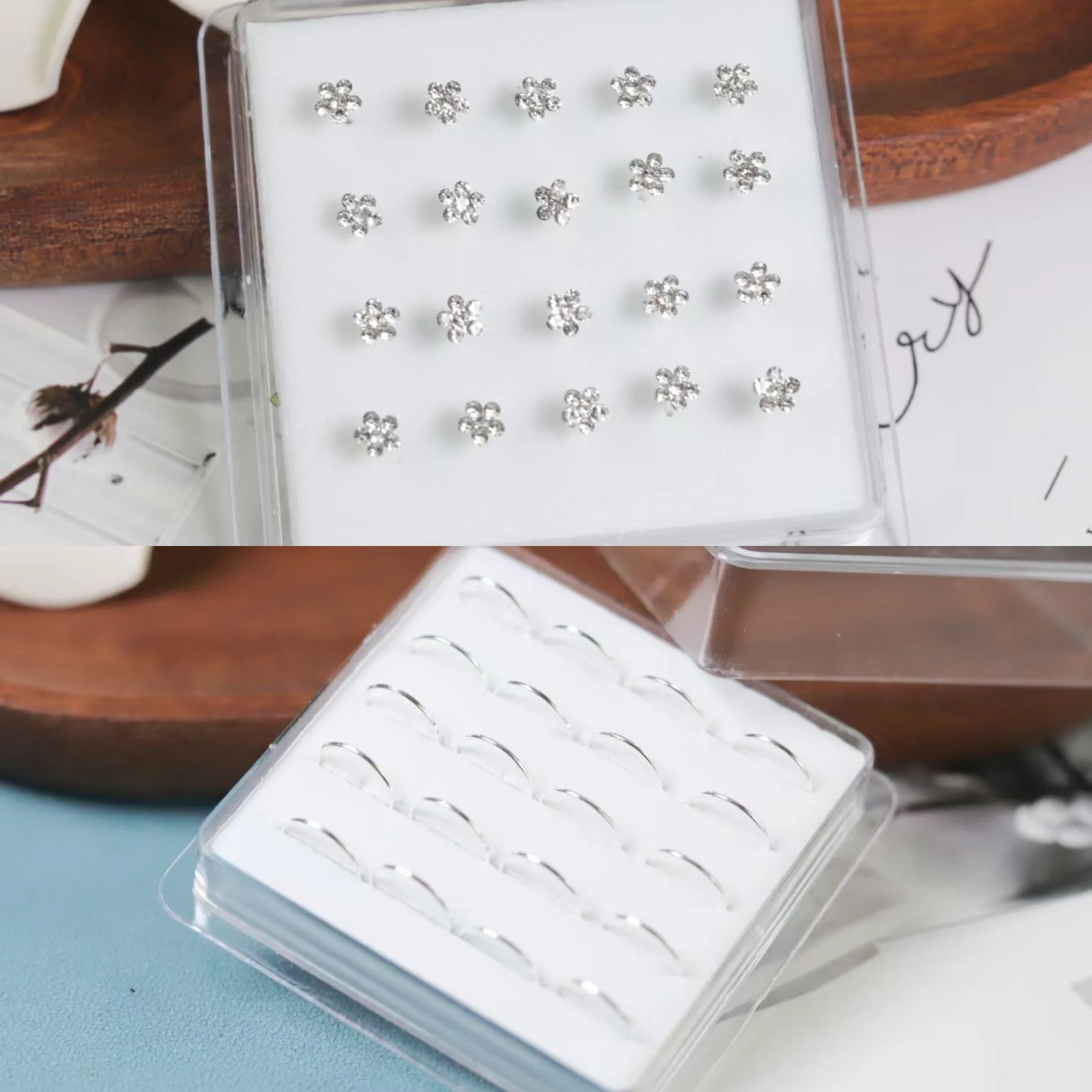 20Pcs/Box Body Nose Piercing Jewelry Nose Rings Silver Needle for Women Colored Crystal Flower Nose Jewelry Wholesale