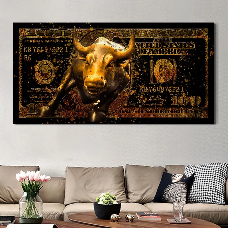 Luxury 100 Dollar Money Bill Charging Bull Inspirational Abstract Poster Canvas Painting Wall Art Pictures Home Office Decor