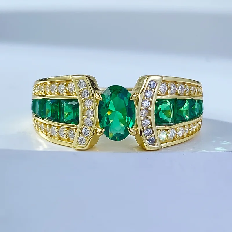 Longlong Gold Live New S925 Silver Plated Imitation Emerald 4 * 6 Elliptical Nano Green Ring for Cross border Women