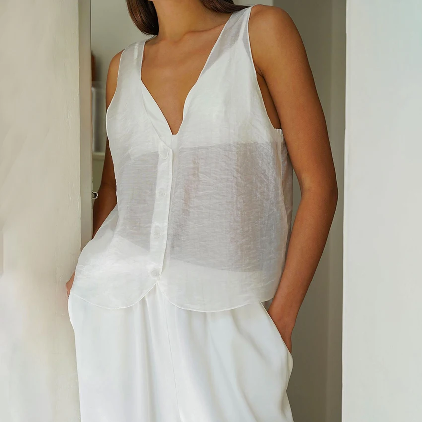 

Linad Sexy White Sheer Tank Top Women Summer Office Single-Breasted Tops Female 2025 Fashion Sleeveless V Neck Vest Autumn Black