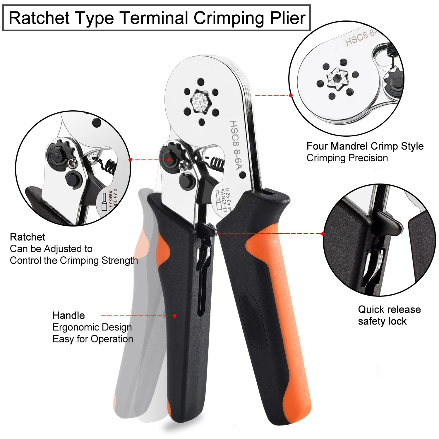 Ferrule Sleeves Terminal Crimping Tools Mini Electrical Pliers HSC8 6-4/6-6(0.25-10mm²/0.25-6mm²) Wire Connection Repair Clamp