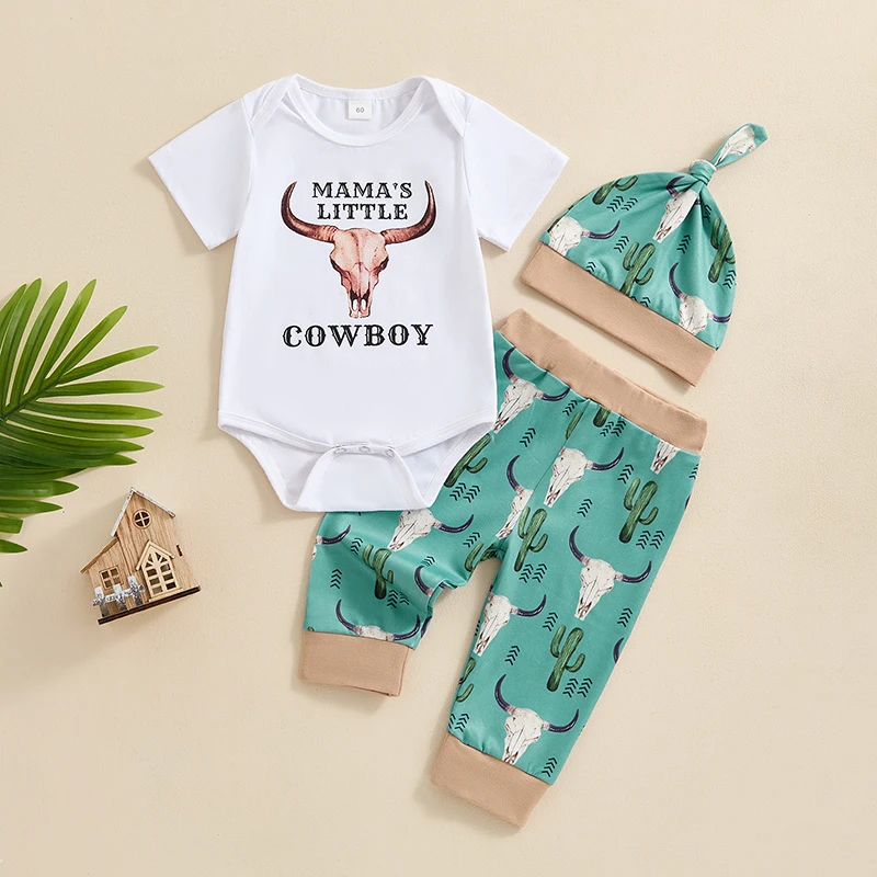 

2024-04-03 lioraitiin Baby Boys Outfit Sets Short Sleeve Letter Cattle Head Print Romper Cactus Cattle Head Print Pants Hat Sets