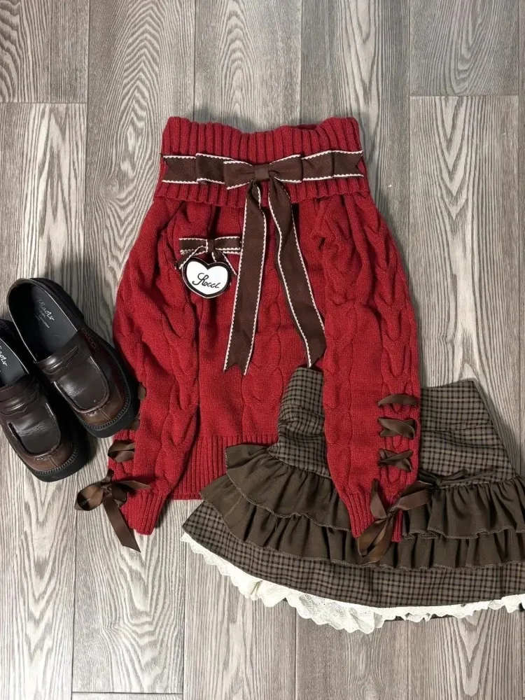 Pulover Rajutan Merah Lengan Panjang Bahu Terbuka Pita + Rok A-line Renda Pinggang Tinggi Y2k Set Dua Potong Baru Musim Semi Musim Gugur