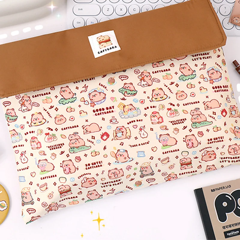 Large Capacity Cute Capybara Print File Folder Portable Cartoon Mini Capybara Storage Bag Creative Washable Document Bag