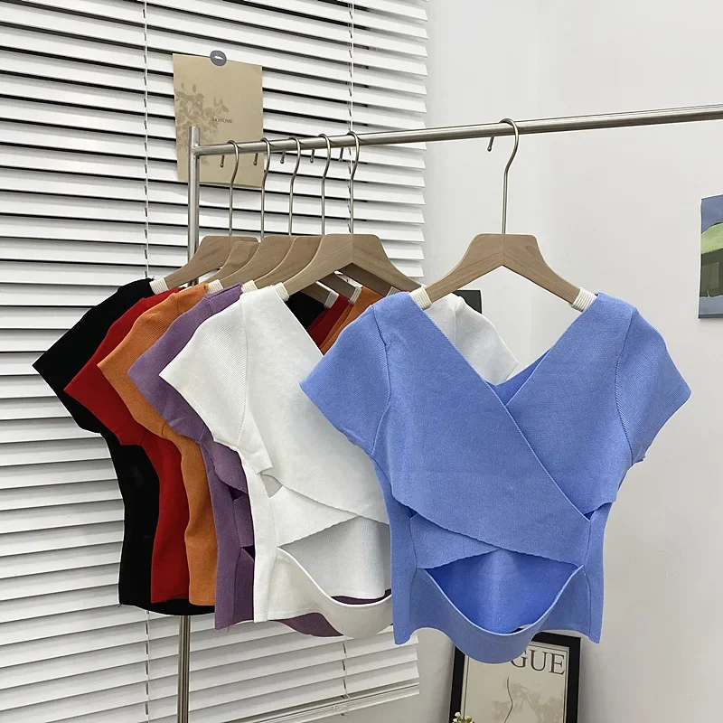 Summer Short Sexy Tight T-shirt for women tops High Waist  Backless Hollow Short Knit Sweater Summer Short Sleeve T-Shirt tee