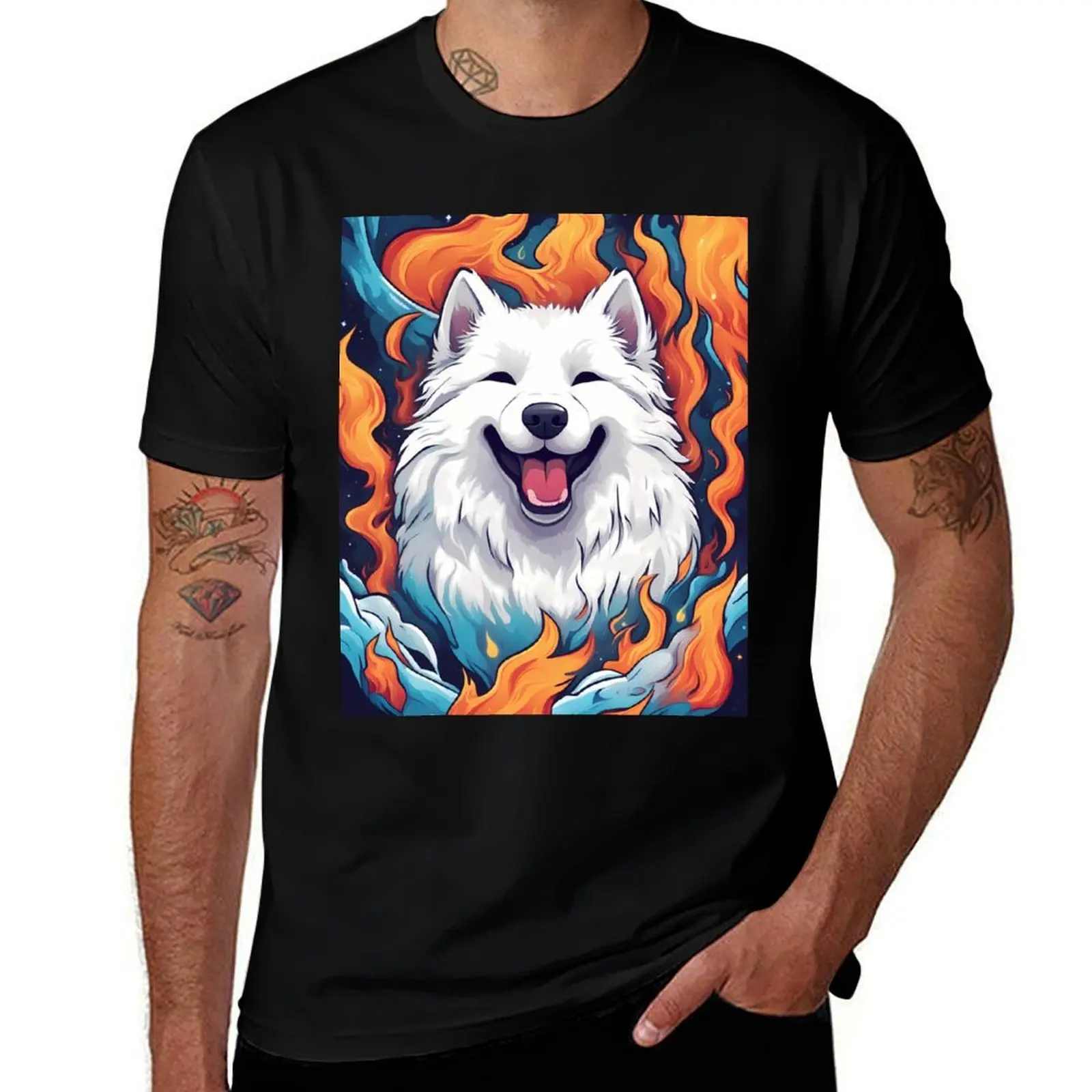 Samoyed Dog Portrait: Vivid Flame Aura T-Shirt Gym Exercise Short Sleeve T-Shirt