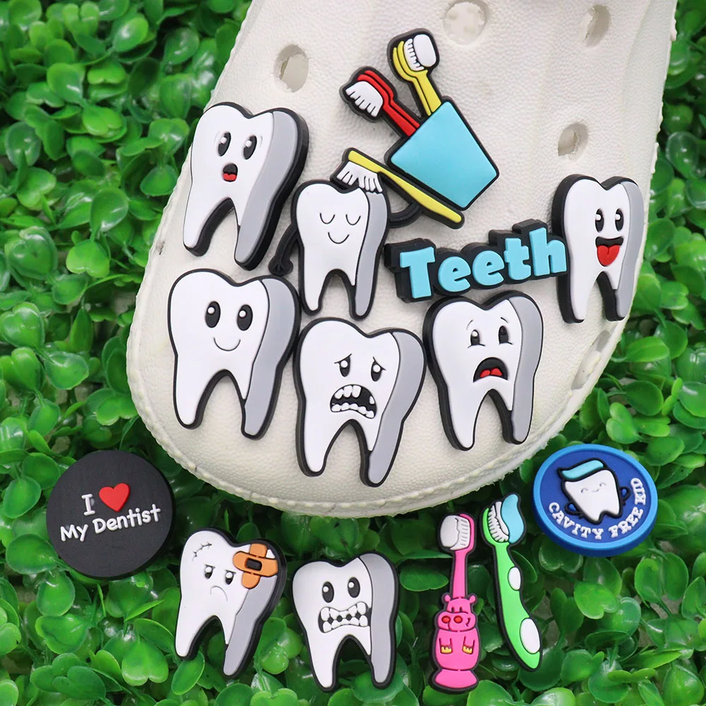 Single Sale 1pcs PVC Tooth Toothbrush Love Dentist Shoe Charms Buckle Clog Fit Wristbands Backpack Decorations Party Gifts