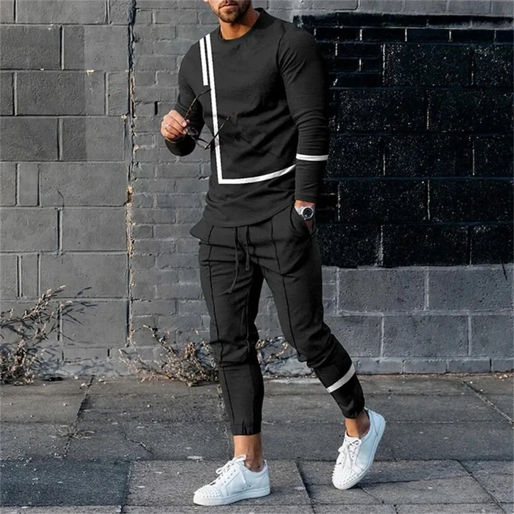 Men\'s Tracksuits O Neck Long Sleeve T-Shirts Trousers Outfit Sportswear Casual Fashion 2 Piece Set Oversized Streetwear Clothing