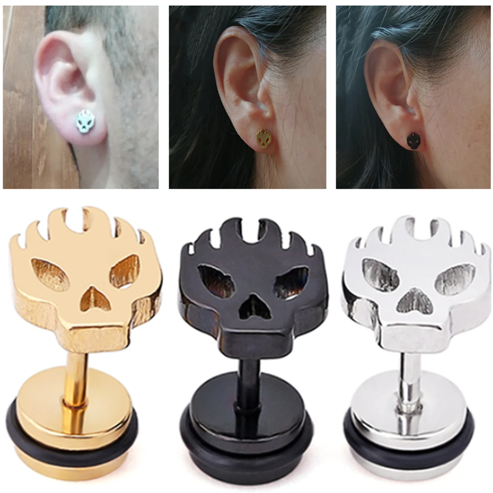 Punk Jewelry Gift Skull Stud Earrings Piercing Screw Back Skeleton Earring for Men Women