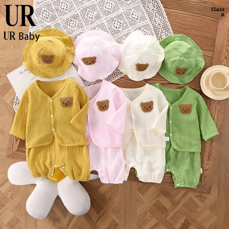 

Летний наряд для малышей, комплект из тонкой ткани с шапкой, комбинезон с нагрудником, длинный свек, круглый Ne для домашнего использования, бренд Qiuqi, традиционный сгусток Hanfu...