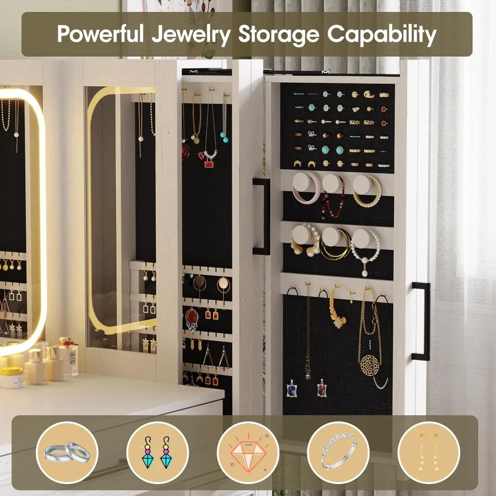 슬라이딩 보석 선반이 있는 조명 거울 화장대와 4개의 서랍, 대형 메이크업 스테이션