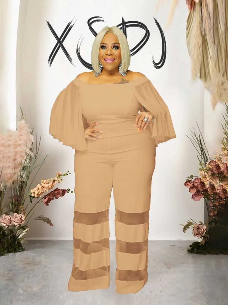 women full length jumpsuit with batwing sleeve evening off the shoulder jumpsuits hollow out mesh one piece plus size jumpsuit