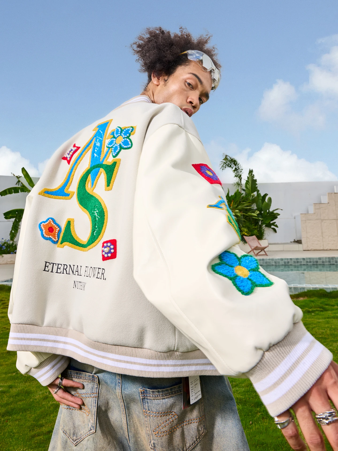 

Nuthink American Retro Stitched Baseball Jaet Heavy Embroidery Pearl ex Spring Outerwear Polyester Nylon Cosite Fiber