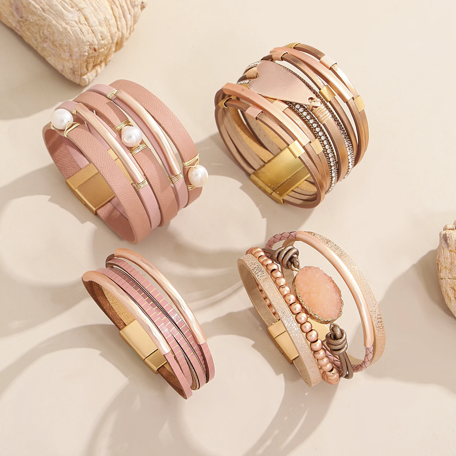 

Amorcome Bohemian Heart-Shaped Metal Bead Leather Bracelet for Women Pink Multilayer Winding Bracelet Party Jewelry Gift New