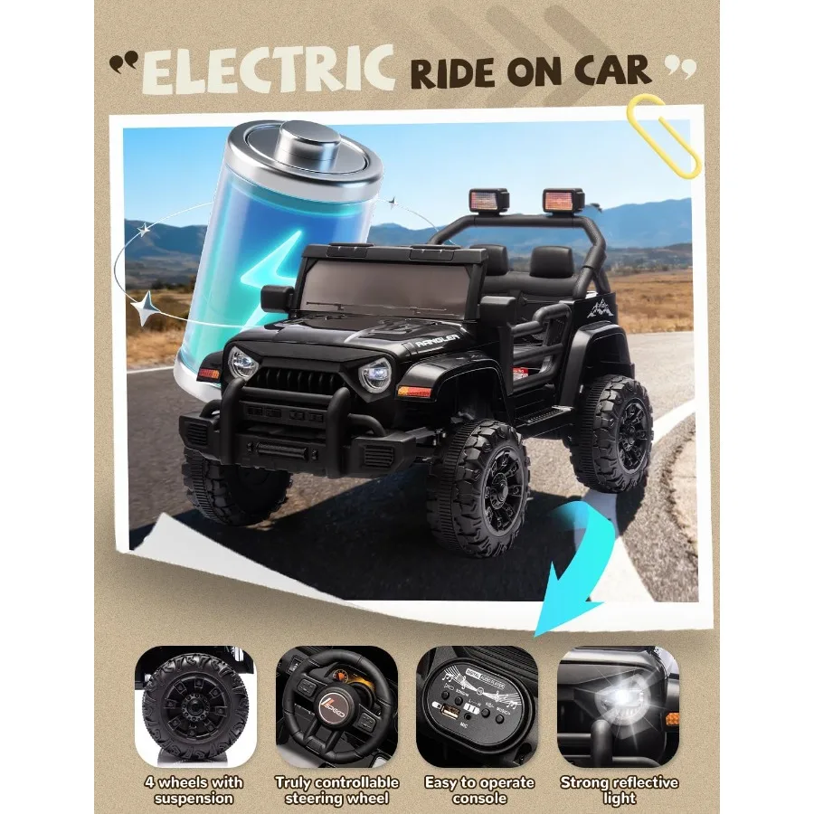 12V電動乗用玩具、親御さん用コントロール付き、幼児向け、音楽、Bluetooth、四輪サスペンション、USB付き