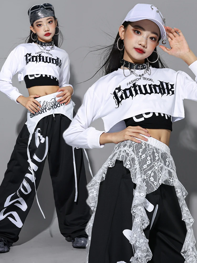 

Kpop Одежда для джазовых танцев для девочек Белые укороченные топы с длинными рукавами Черные мешковатые брюки в стиле хип-хоп Одежда для современных танцев BL17455