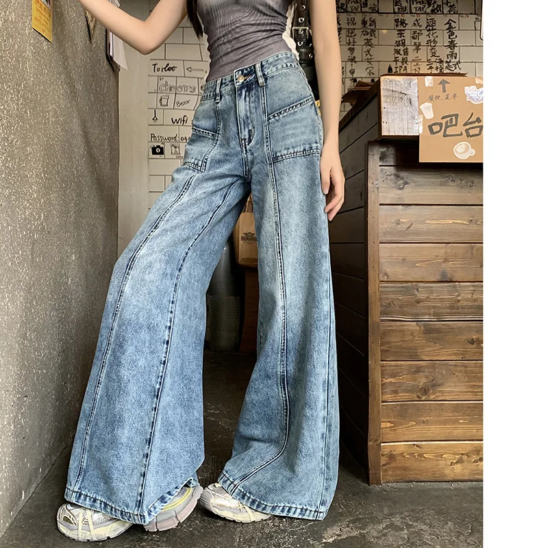 Vintage Women Cargo Jeans High Waisted Flared Jeans Wide Leg Denim Pants Boot-Cut Denim Pants Female Fashion Y2K Outfits Street