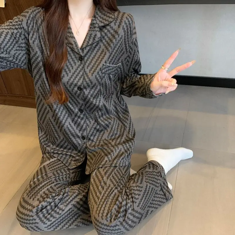 Plus Size Franse High-End Gestreepte Geruite Pyjama Voor Vrouwen Lente En Herfst Lange Mouwen Nachtkleding Studenten Nachtkleding Homewear