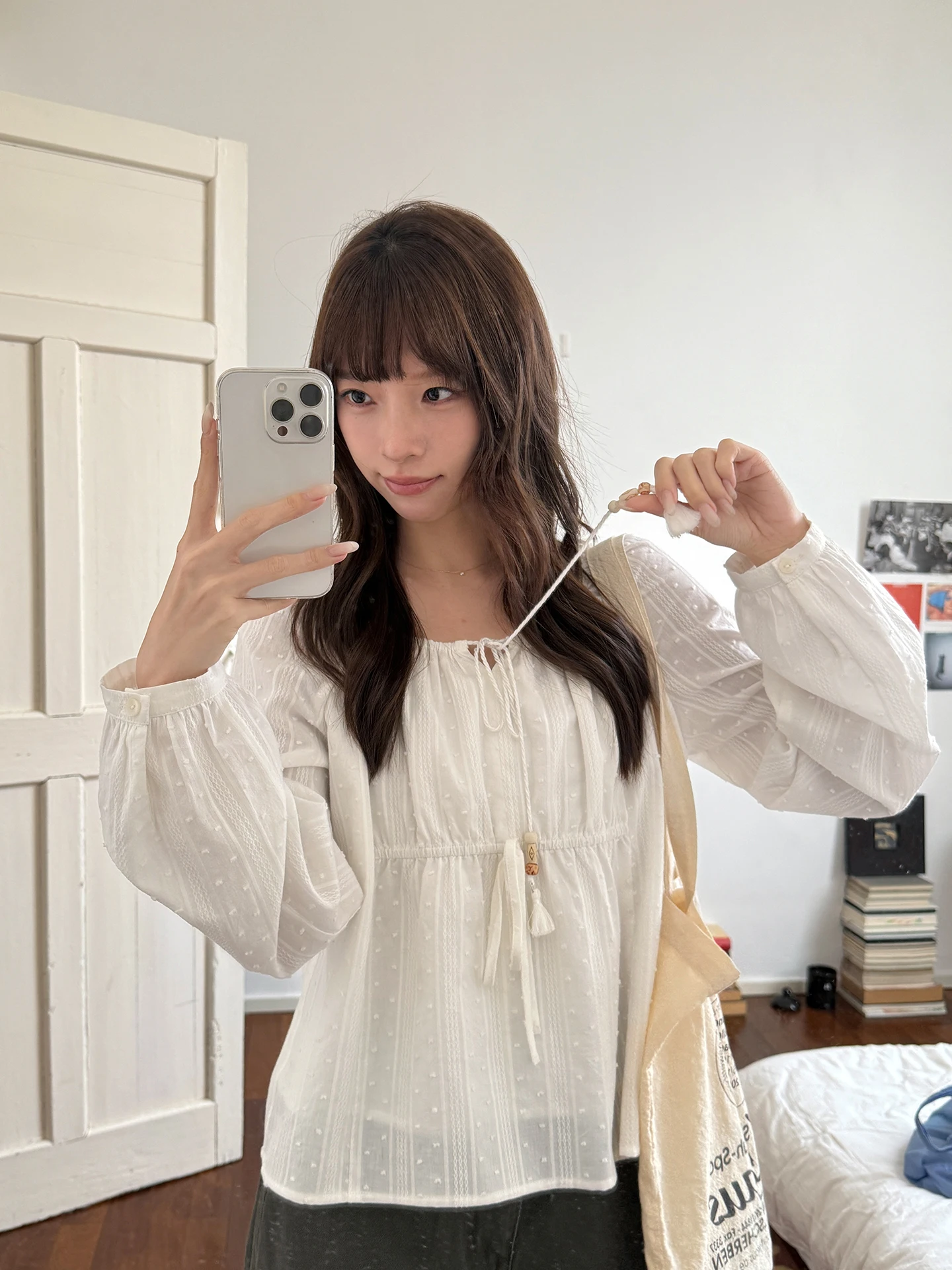 

Milk Rabbit Pl Elastic Collar Beaded Tassel Pure Cotton Long Sve Women's Spring irt Casual Sle Straight Cut