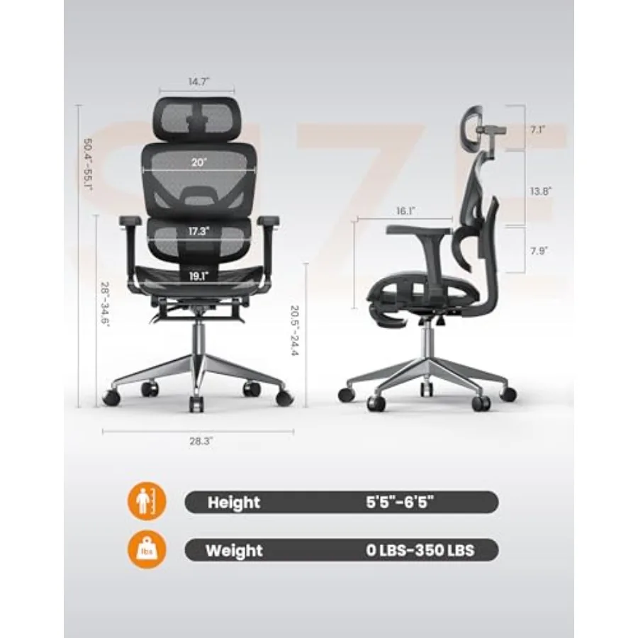 Ergonomic Office Chair High Back for Home, Work and Gaming: Mesh Back, Black, Lumbar Support Adjustable Seat Height
