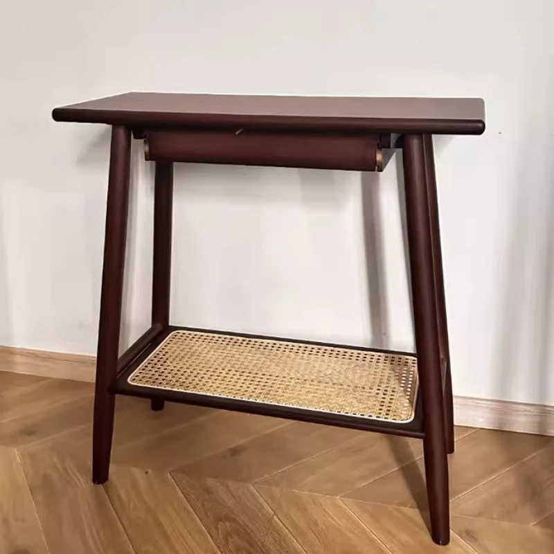 Modern Chinese Console Table Rattan Entryway Table with Drawers Wall-Mounted Narrow Hallway Desk Minimalist Storage Rack