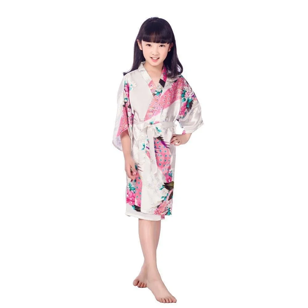 Kids Satin Floral Kimono Robe Flower Girl Peacock Bath Robes for Wedding Spa Party Gifts Bridal Lingerie Sleepwear Bathrobe T733