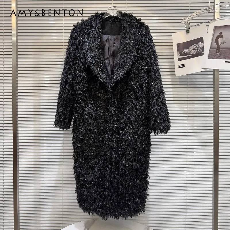 

2023 Winter New Non-Mainstream Style Bright Silk Plush Hot Girl Quilted To Keep Warm Long And Wide Single-breasted Trench Coat