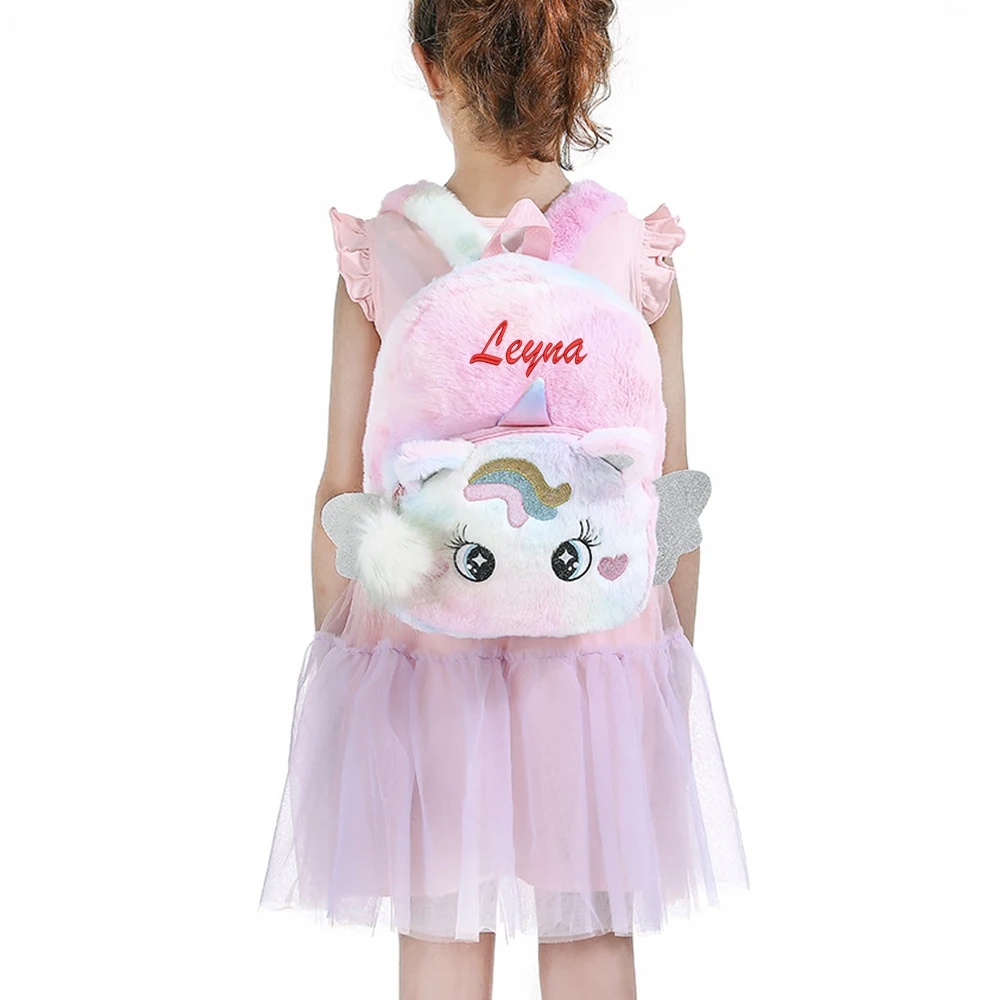 2023 New Cartoon Unicorn Plush Backpack Big Eyes Unicorn Children\'s Kindergarten Schoolbag Personalized Name Girl\'s Plush Bags