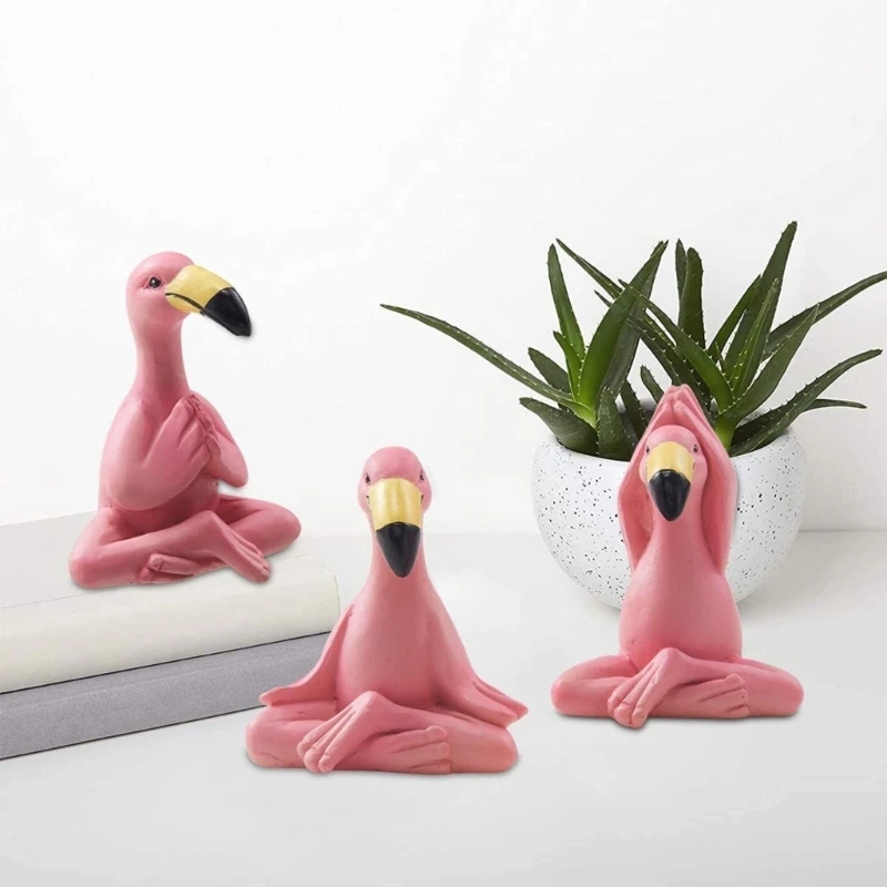 3-Pieces Yoga Flamingo Figures Lovely Flamingo Pink Mini Miniature Unique Gift for Fairies Garden Funny Home Decor