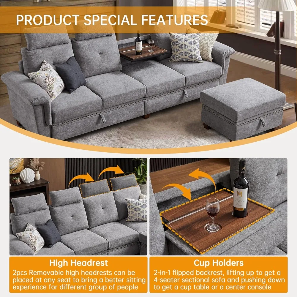 أريكة مقطعية قابلة للتحويل مع مساحة تخزين، أريكة على شكل حرف L مع كرسي وحامل أكواب، أريكة حديثة من قماش الألياف الدقيقة #6