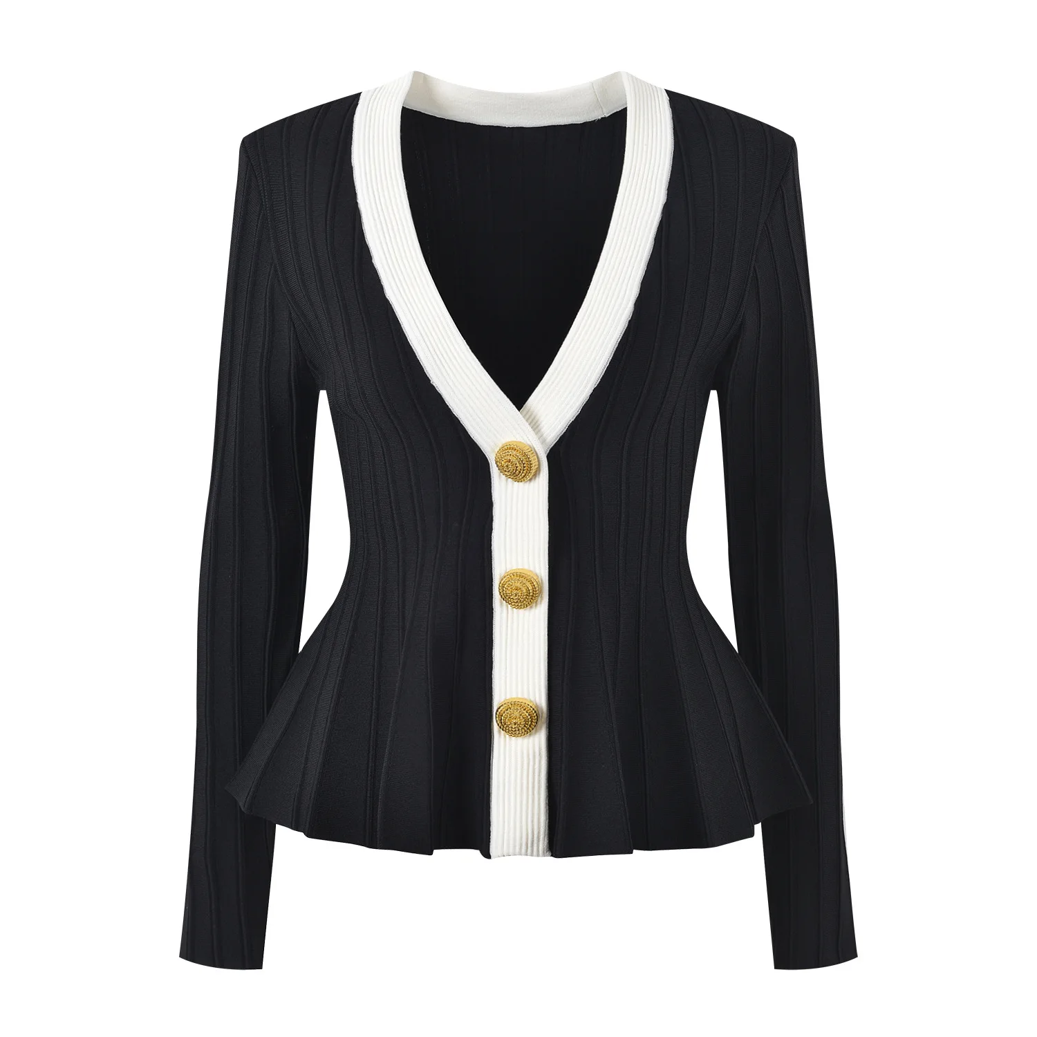 Cardigan Triblockchain à Manches sulfet Col en V pour Femme, Manteau à Boutonnage Simple, Coupe Cintrée, Ourlet à Volants, Collection Automne et Printemps