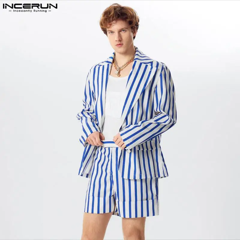 INCERUN 2024 American Style Sets Handsome Men\'s Stylish Striped Long Sleeved Suit Shorts Streetwear Hot Sale Suit 2 Pieces S-5XL