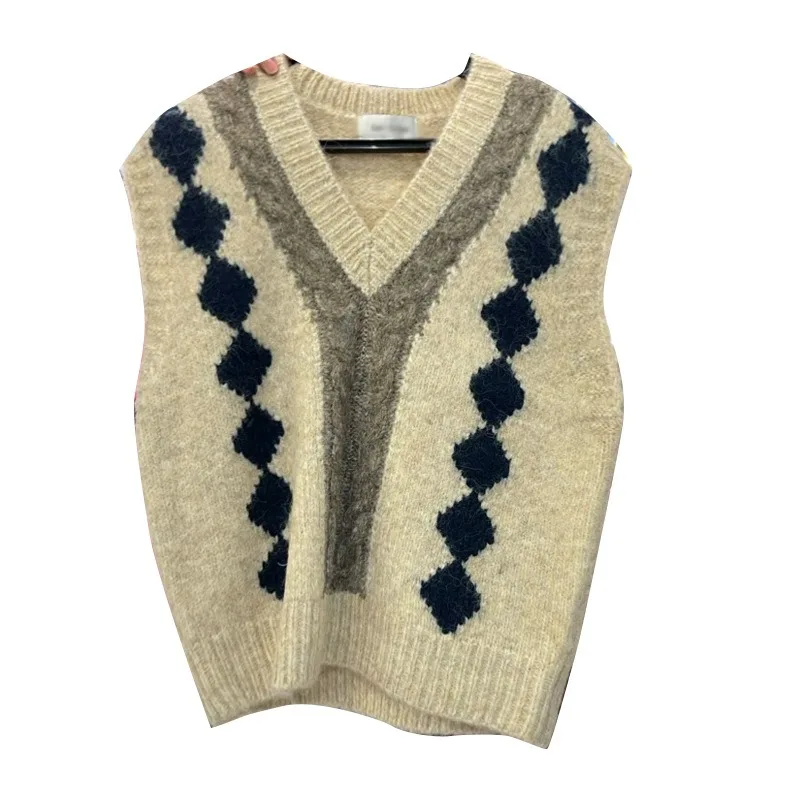 Sweater Vests Women Knitting Diamond Check Panelled V-neck Autumn Winter Tops Slouchy Female Outerwear Chic Popular Design Mujer