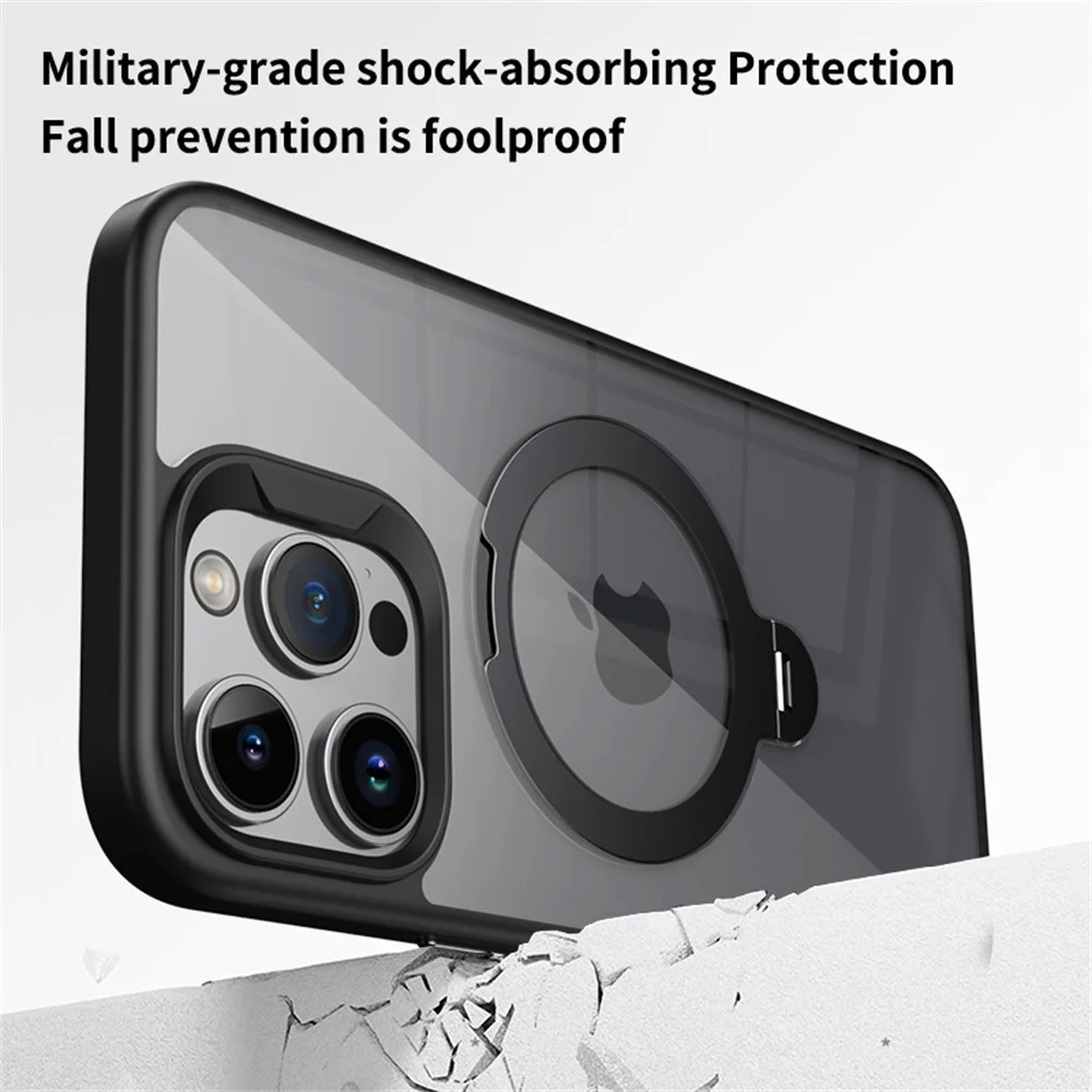 Rotating Folding Stand Clear Magnetic Phone Case For iPhone 12 13 14 15 16 Pro Max Swivel Holder TPU Bumper Acrylic Back Cover