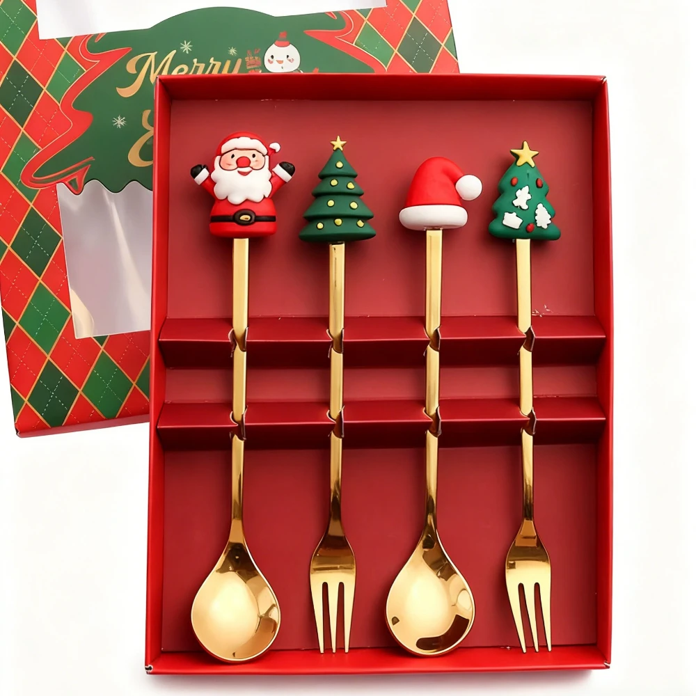

Мультяшные милые рождественские элементы, Рождественская елка, набор посуды из нержавеющей стали, десертная ложка, вилка, подарочная коробка для праздничных подарков
