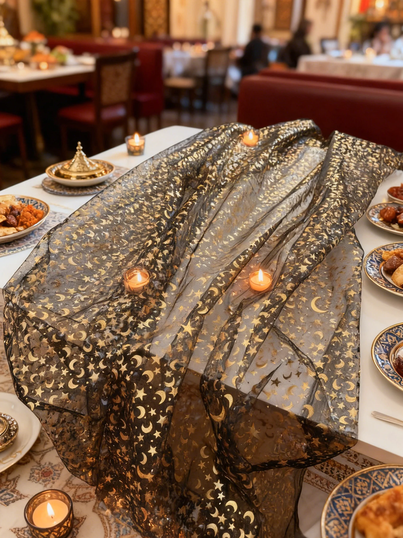 Ramadan-Tischläufer, islamischer Mond, Stern, dekorative Tischdecke, Gold, Schwarz, Weiß, Blau, transparenter Stoff, muslimisches Zuhause, Festival, Party-Dekoration