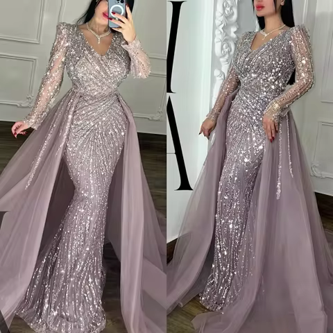 Customized Luxurious Crystal Mermaid Evening Dress With Train V Neck Long Sleeves Beaded Prom Dress Arabic Muslim Formal Dresses