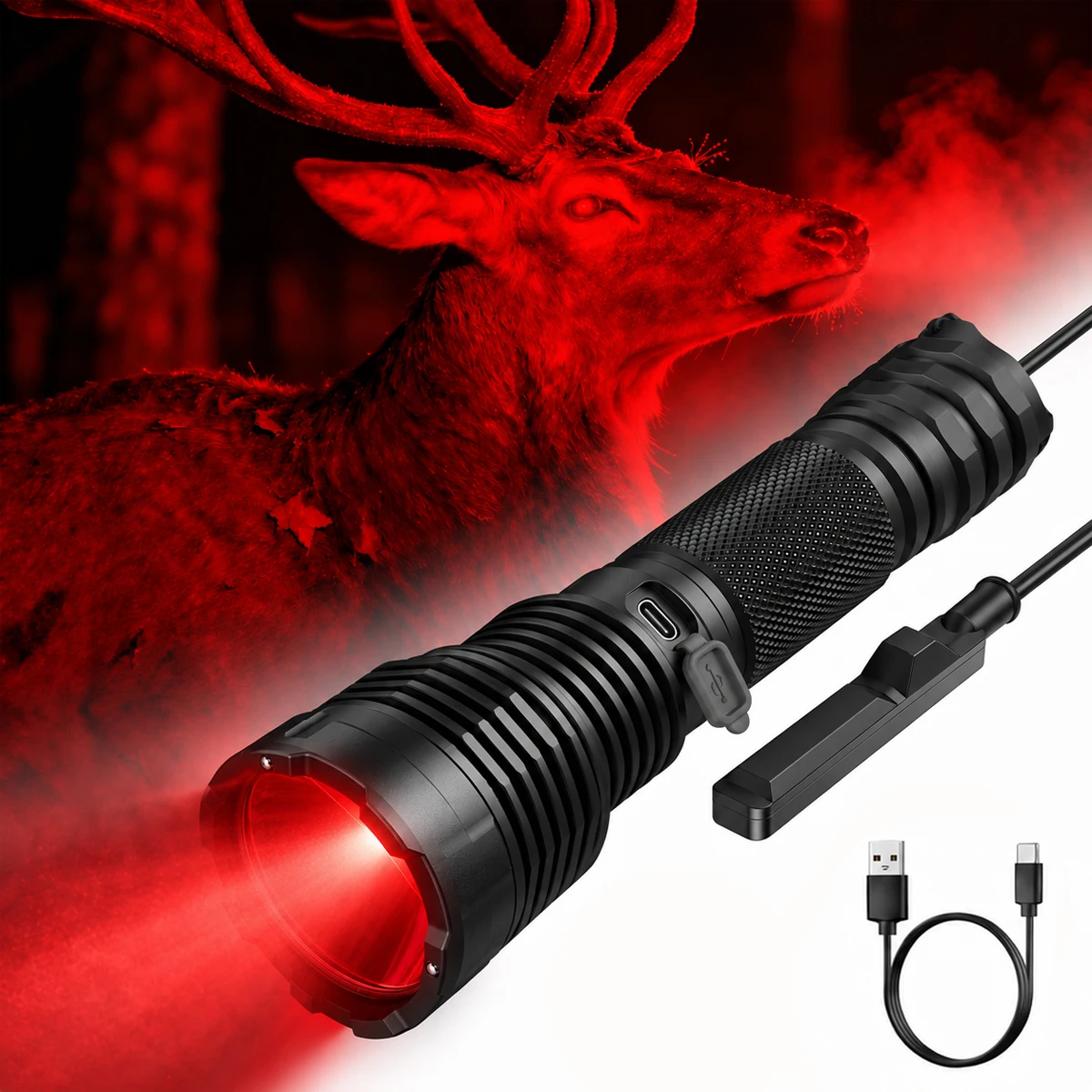 ultrafire-c15r-赤色光-狩猟-懐中電灯-620nm-led-タクティカル-リモートスイッチ付き-350m-ビーム-usb-c-充電式-コヨーテ-イノシシ-キツネ