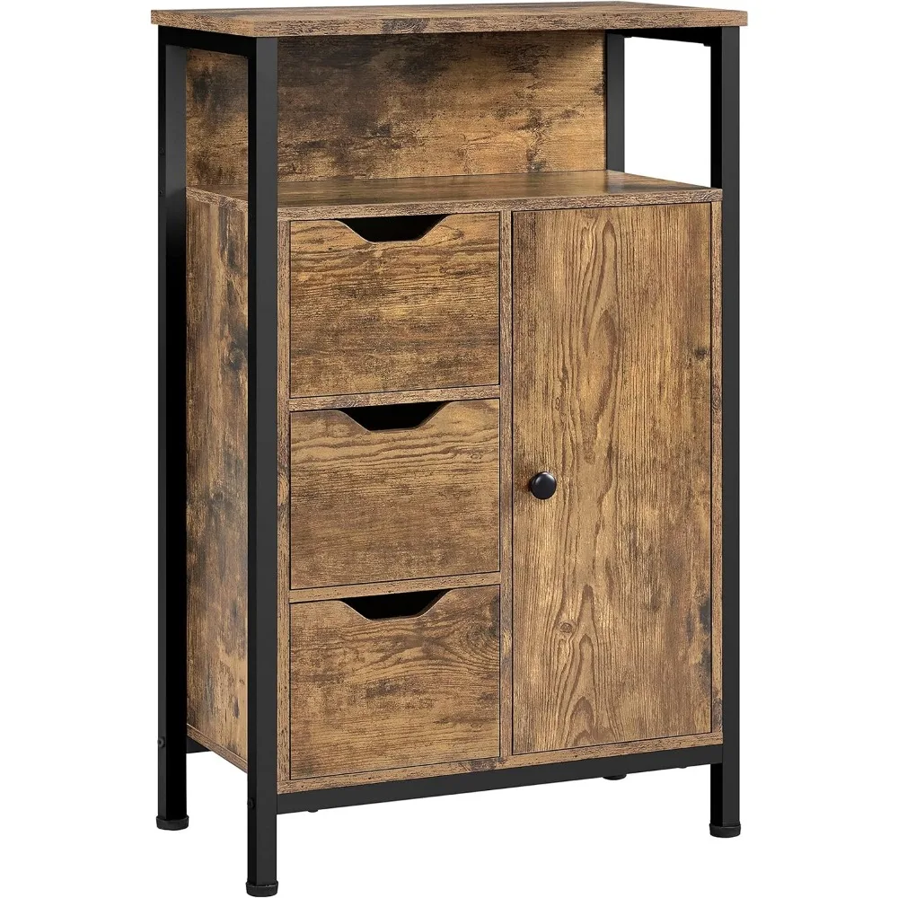 

Industrial Bathroom Floor Cabinet, Freestanding Wooden Organizer, Multiple Tiers Storage Cabinet with 3 Drawers, 1 Door & Adjus