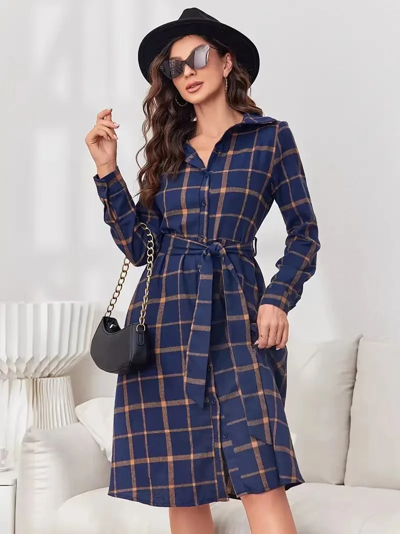 

2025 European And American Cross-border Shirt Women's Plaid Lapel Long Sleeve Strap Long Dress Cardigan Long Shirt