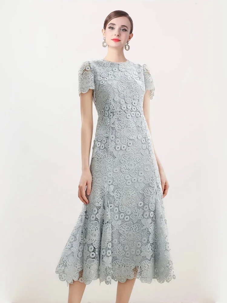 Vestidos elegantes de encaje con agujeros para mujer, Vestidos de sirena de trompeta lisos, cuello redondo, manga corta, flor de ganchillo, Vestidos de fiesta de noche para boda