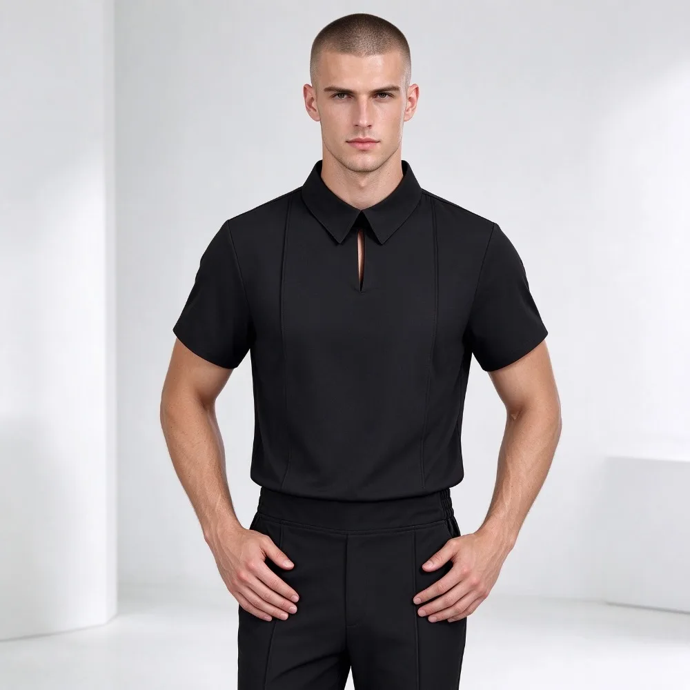 Mens Daily Work Wear Suit Lapel Short Sleeve Shirt & High Waist Flared Trousers Practical Uniform Set for Work Scenarios