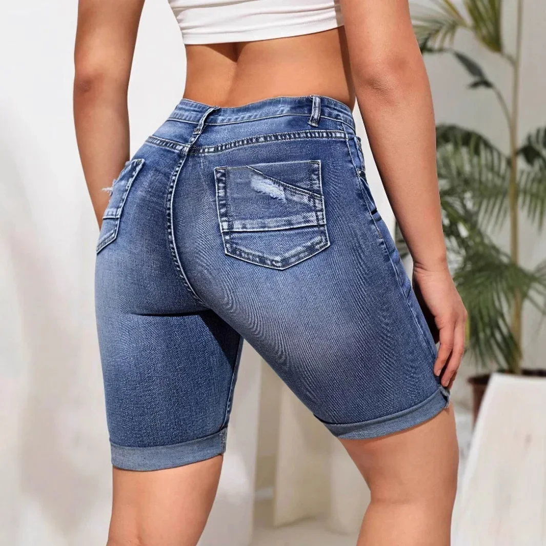 กางเกงยีนส์ผู้หญิง DENIM สั้นเข่าความยาวเอวสูงยืด Distressed ล้างผอมตรงสั้นกางเกง 2025 ฤดูร้อน Streetwear