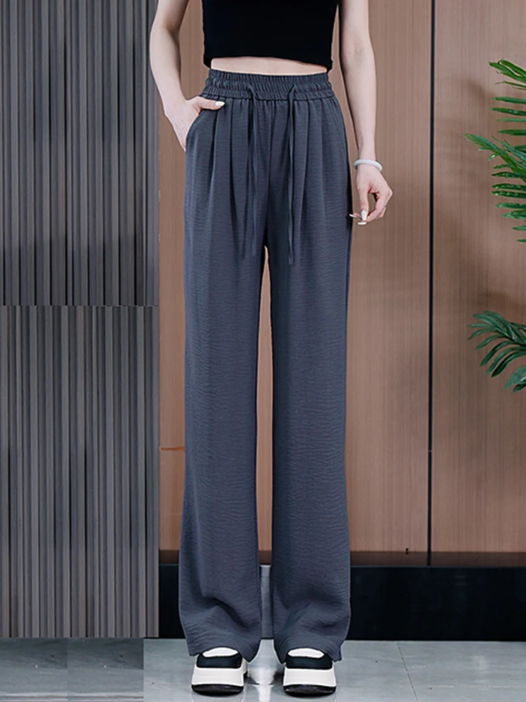 

Laid-back Style Ice Silk Wide Leg Pants Women's Summer Thin High Waist Loose Drape Casual Cool Straight Leg Trousers