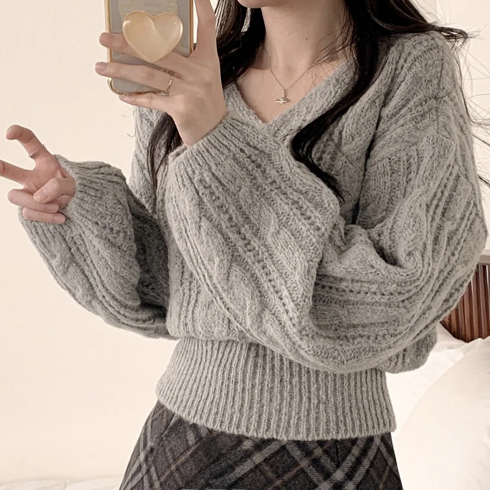 Women's Knitted Sweater Chic Lazy Twist Lantern Sve Pure Color V-Ne Pullover Autumn Winter Korean Sle Ele Top