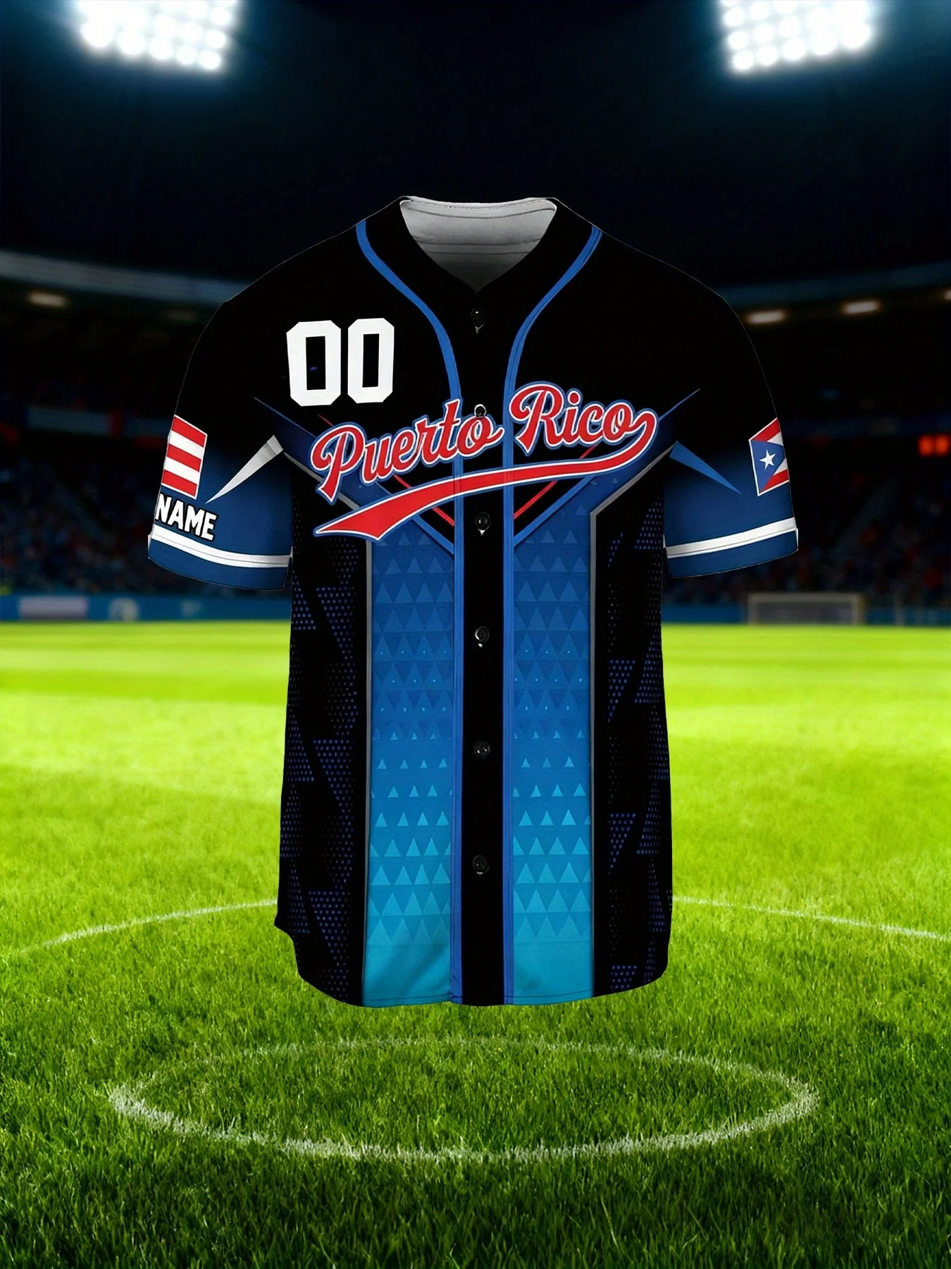 Personalized DIY Puerto Rico Baseball Jersey with National Flag Elements, Customizable Name, Number, Team Name, Logo