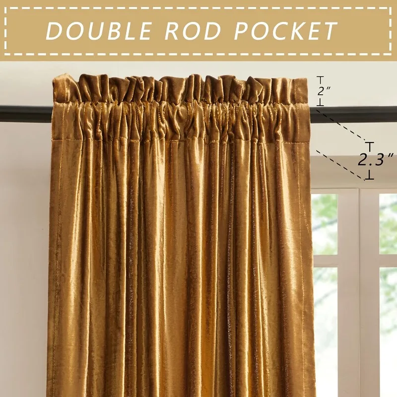 Living Room Velvet Rod Pocket Curtains Deal with Half Room Darkening Decorative Gold Curtains Bedroom Set of 2 Panels