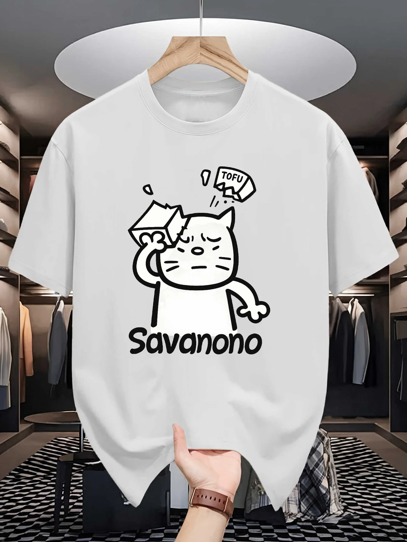 Simple Line Cat Tofu Cartoon Graphic Mens Crew Neck T Shirt Funny Savanono Character Print Short Sleeve Casual Cotton Daily Tops